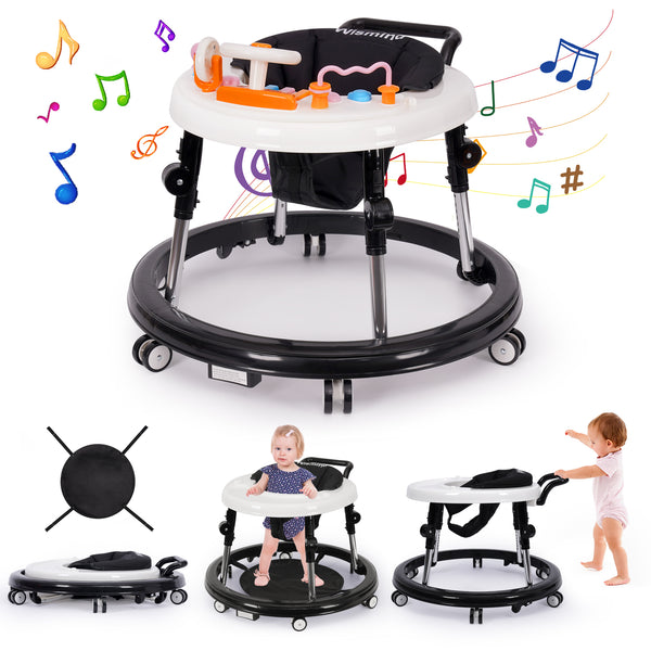 NVW Music and Lights Baby Walker Foldable with 9 Adjustable Heights, Baby Walker with Wheels Portable, Baby Walkers and Activity Center for Boys Girls Babies 7-18 Months (New-Black