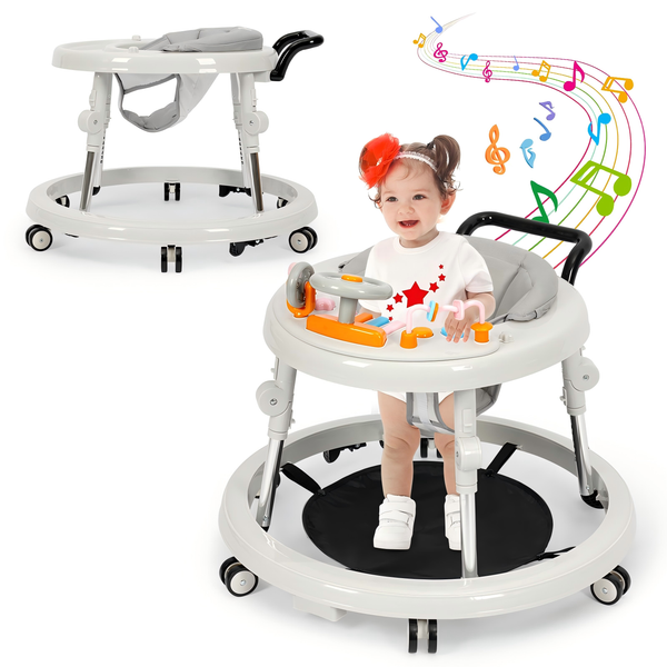 Wismind Music and Lights Baby Walker Foldable with 9 Adjustable Heights, Baby Walker with Wheels Portable, Baby Walkers and Activity Center for Boys Girls Babies 7-18 Months(Music-White)