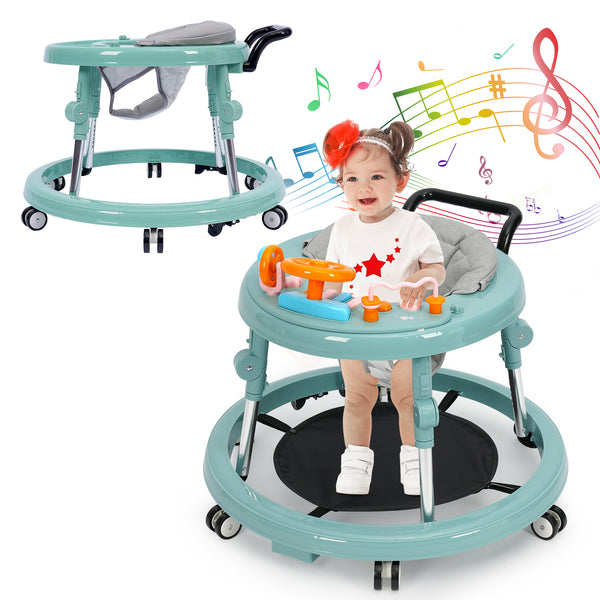 NVW Music and Lights Baby Walker Foldable with 9 Adjustable Heights, Baby Walker with Wheels Portable, Baby Walkers and Activity Center for Boys Girls Babies 7-18 Months (New-Green)