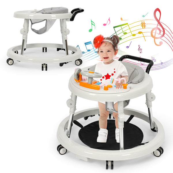 NVW Music and Lights Baby Walker Foldable with 9 Adjustable Heights, Baby Walker with Wheels Portable, Baby Walkers and Activity Center for Boys Girls Babies 7-18 Months (New-White)