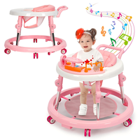 Wismind Music and Lights Baby Walker Foldable with 9 Adjustable Heights, Baby Walker with Wheels Portable, Baby Walkers and Activity Center for Boys Girls Babies 7-18 Months(Music-Pink)