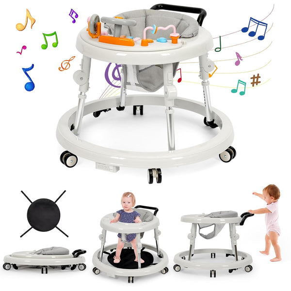 NVW Music and Lights Baby Walker Foldable with 9 Adjustable Heights, Baby Walker with Wheels Portable, Baby Walkers and Activity Center for Boys Girls Babies 7-18 Months (New-White)