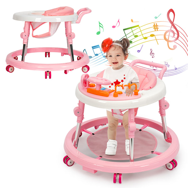 NVW Music and Lights Baby Walker Foldable with 9 Adjustable Heights, Baby Walker with Wheels Portable, Baby Walkers and Activity Center for Boys Girls Babies 7-18 Months (New-Pink)