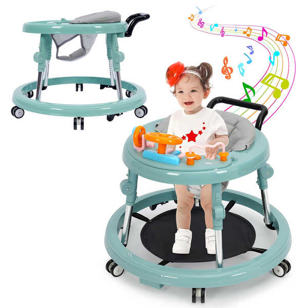 Wismind Music and Lights Baby Walker Foldable with 9 Adjustable Heights, Baby Walker with Wheels Portable, Baby Walkers and Activity Center for Boys Girls Babies 7-18 Months( Music-Green)