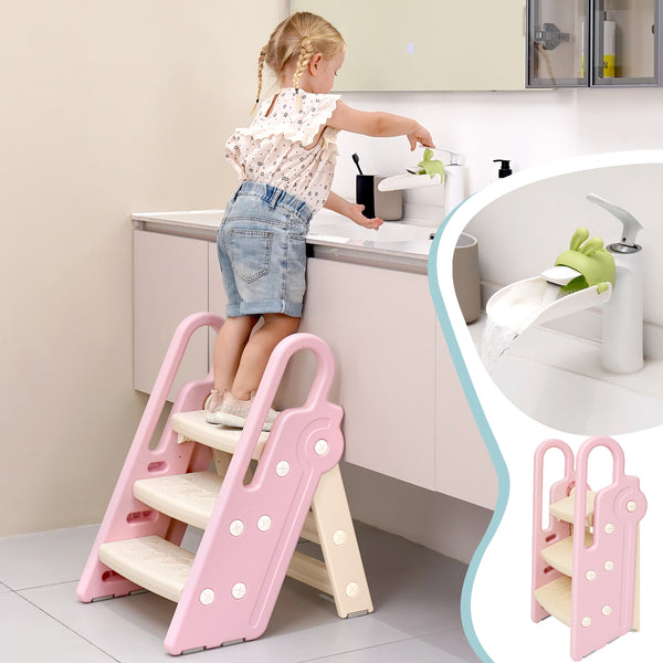 Guzoea Toddler Step Stool Foldable for Bathroom Sink, Kids Step Stool Adjustable from 3 Step to 2 Step for Toilet Potty Training Toddler Tower, Baby Stool for Toddler Kitchen Stool Helper（Pink + Grey）