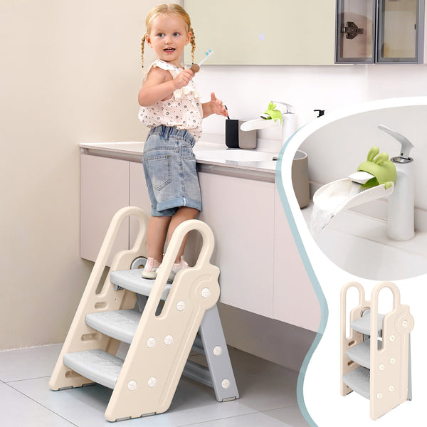 Guzoea Toddler Step Stool Foldable for Bathroom Sink, Kids Step Stool Adjustable from 3 Step to 2 Step for Toilet Potty Training Toddler Tower, Baby Stool for Toddler Kitchen Stool Helper( Beige and gray)