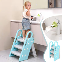 Guzoea Toddler Step Stool Foldable for Bathroom Sink, Kids Step Stool Adjustable from 3 Step to 2 Step for Toilet Potty Training Toddler Tower, Baby Stool for Toddler Kitchen Stool Helper（ Blue and gray）