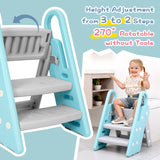 Guzoea Toddler Step Stool Foldable for Bathroom Sink, Kids Step Stool Adjustable from 3 Step to 2 Step for Toilet Potty Training Toddler Tower, Baby Stool for Toddler Kitchen Stool Helper（ Blue and gray）