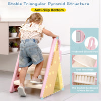 Guzoea Toddler Step Stool Foldable for Bathroom Sink, Kids Step Stool Adjustable from 3 Step to 2 Step for Toilet Potty Training Toddler Tower, Baby Stool for Toddler Kitchen Stool Helper（Pink + Grey）