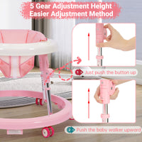 Wismind Music and Lights Baby Walker Foldable with 9 Adjustable Heights, Baby Walker with Wheels Portable, Baby Walkers and Activity Center for Boys Girls Babies 7-18 Months(Music-Pink)