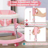 NVW Music and Lights Baby Walker Foldable with 9 Adjustable Heights, Baby Walker with Wheels Portable, Baby Walkers and Activity Center for Boys Girls Babies 7-18 Months (New-Pink)