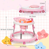 Wismind Music and Lights Baby Walker Foldable with 9 Adjustable Heights, Baby Walker with Wheels Portable, Baby Walkers and Activity Center for Boys Girls Babies 7-18 Months(Music-Pink)