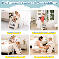 Guzoea Toddler Step Stool Foldable for Bathroom Sink, Kids Step Stool Adjustable from 3 Step to 2 Step for Toilet Potty Training Toddler Tower, Baby Stool for Toddler Kitchen Stool Helper( Beige and gray)