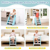 Guzoea Toddler Step Stool Foldable for Bathroom Sink, Kids Step Stool Adjustable from 3 Step to 2 Step for Toilet Potty Training Toddler Tower, Baby Stool for Toddler Kitchen Stool Helper（ Blue and gray）