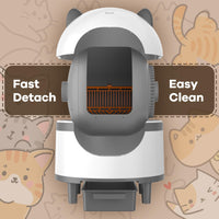 Self Cleaning Cat Litter Box, Large Automatic Cat Litter Box for Multiple Cats with APP Control Odor Removal Safety Protection 2 Rolls Garbage Bags, White & Grey